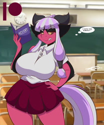 Size: 1068x1280 | Tagged: safe, artist:mastergodai, imported from derpibooru, oc, oc only, oc:twisted mind, anthro, big breasts, black sclera, book, breasts, classroom, clothes, digital art, female, hand on hip, horn, huge breasts, interspecies offspring, offspring, parent:lord tirek, parent:twilight sparkle, parents:twirek, reading, school, school uniform, schoolgirl, shirt, skirt, solo, studying, tail, text, thighs, thought bubble, wide hips