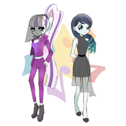 Size: 3000x3000 | Tagged: safe, artist:glitterrrrr, imported from derpibooru, coloratura, equestria girls, arm behind back, belly button, butt touch, clothes, countess coloratura, cutie mark background, hand on butt, high res, shoes, simple background, white background