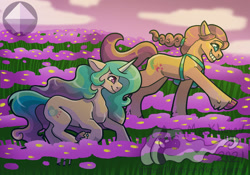Size: 1280x896 | Tagged: safe, artist:mockhound, imported from derpibooru, izzy moonbow, sunny starscout, field, g5, galloping, running, watermark