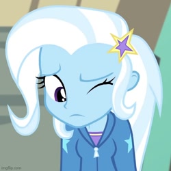 Size: 500x500 | Tagged: safe, imported from derpibooru, screencap, trixie, equestria girls, equestria girls series, forgotten friendship, cropped, offscreen character, one eye closed, solo focus