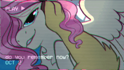 Size: 1278x720 | Tagged: safe, artist:loryska, imported from derpibooru, discord, fluttershy, draconequus, pegasus, pony, series:dreamland, absurd file size, animated, chest fluff, chromatic aberration, discoshy, distortion, female, gif, lidded eyes, looking at you, male, mare, offscreen character, pov, shipping, smiling, spread wings, straight, timestamp, vhs, wings