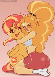 Size: 1240x1754 | Tagged: safe, artist:nire, imported from derpibooru, adagio dazzle, sunset shimmer, equestria girls, :p, adagio dat-azzle, ass, blushing, butt, clothes, crush plush, curvy, cutie mark, embarrassed, female, floating heart, frown, heart, hug, implied lesbian, implied shipping, implied sunsagio, large butt, looking at you, midriff, plushie, shorts, simple background, socks, solo, spiked headband, stocking feet, tanktop, tongue out