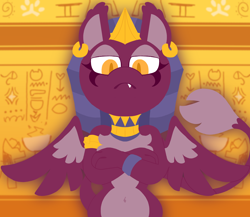 Size: 2300x2000 | Tagged: safe, artist:apatheticxaddict, imported from derpibooru, sphinx (character), anthro, sphinx, ankha zone, anthrofied, belly button, chest fluff, curvy, ear piercing, egyptian, egyptian headdress, egyptian pony, eyeliner, female, high res, hourglass figure, impossibly thin waist, leonine tail, looking at you, makeup, meme, parody, piercing, ponified meme, snaggletooth, solo, style emulation, tail, wings