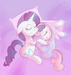 Size: 1280x1349 | Tagged: safe, artist:zalakir, imported from derpibooru, rarity, sweetie belle, pony, unicorn, animal costume, bed, bunny costume, clothes, costume, diaper, diaper fetish, eyes closed, female, fetish, filly, footed sleeper, footie pajamas, hug, kigurumi, mare, onesie, pajamas, pillow, poofy diaper, sleeping, smiling