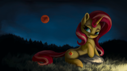 Size: 4000x2250 | Tagged: safe, artist:flusanix, imported from derpibooru, sunset shimmer, pony, unicorn, equestria girls, blood moon, fangs, female, high res, mare, moon, night, solo