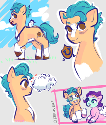Size: 768x900 | Tagged: safe, artist:kyuuvern, imported from derpibooru, hitch trailblazer, pipp petals, bird, dog, earth pony, pegasus, pomeranian, pony, spoiler:g5, spoiler:my little pony: a new generation, blushing, cloudpuff, critter magnet, face mask, flying pomeranian, g5, kenneth, male, mask, my little pony: a new generation, stallion, winged dog