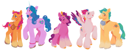 Size: 2048x859 | Tagged: safe, artist:cottaboo, imported from derpibooru, hitch trailblazer, izzy moonbow, pipp petals, sunny starscout, zipp storm, earth pony, pegasus, pony, unicorn, spoiler:g5, spoiler:my little pony: a new generation, g5, mane five (g5), my little pony: a new generation, raised hoof, simple background, smiling, white background