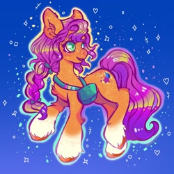 Size: 2048x2048 | Tagged: safe, artist:honolu-loo, imported from derpibooru, sunny starscout, earth pony, pony, abstract background, bag, coat markings, floating, g5, high res, my little pony: a new generation, shiny hair, smiling, socks (coat markings), solo