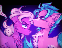 Size: 1495x1164 | Tagged: safe, artist:creamynalist, artist:fraumflug, artist:saanyaaa_, imported from derpibooru, hitch trailblazer, sprout cloverleaf, earth pony, pony, chest fluff, duo, ear fluff, g5, gay, hitchsprout, looking at each other, male, my little pony: a new generation, shipping, stallion