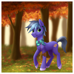 Size: 2600x2600 | Tagged: safe, artist:dash wang, imported from derpibooru, oc, oc only, oc:memory mark, earth pony, pony, autumn, clothes, earbuds, forest, high res, leaves, male, scarf, solo, tree, walking