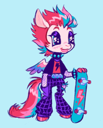 Size: 1280x1590 | Tagged: safe, artist:webkinzworldz, imported from derpibooru, zipp storm, pegasus, semi-anthro, spoiler:my little pony: a new generation, blue background, clothes, collar, color palette, fishnets, g5, my little pony: a new generation, punk, simple background, skateboard, solo, spiked collar, spiked wristband, wingding eyes, wristband