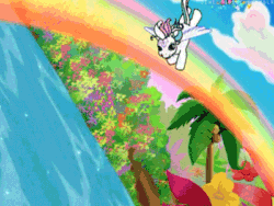 Size: 400x300 | Tagged: safe, imported from derpibooru, screencap, star catcher, earth pony, pegasus, pony, animated, flying, g3, gif, rainbow, sky wishes, waterfall
