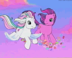 Size: 459x367 | Tagged: safe, imported from derpibooru, screencap, skywishes, star catcher, butterfly, earth pony, pegasus, pony, animated, cloud, duo, flying, g3, gif, looking at each other, talking