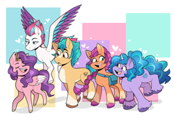 Size: 1280x871 | Tagged: dead source, safe, artist:wizardstove, imported from derpibooru, hitch trailblazer, izzy moonbow, pipp petals, sunny starscout, zipp storm, earth pony, pegasus, pony, unicorn, abstract background, adorapipp, adorazipp, cute, female, g5, group, heart, male, mane five (g5), mare, my little pony: a new generation, royal sisters (g5), siblings, sisters, stallion