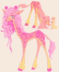 Size: 1280x1547 | Tagged: safe, artist:faeriefeline, imported from derpibooru, angel bunny, fluttershy, giraffe, rabbit, animal, giraffied, pink background, simple background, species swap