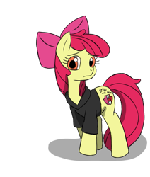 Size: 823x971 | Tagged: safe, artist:otakuponi, imported from derpibooru, apple bloom, earth pony, pony, body writing, clothes, implied shipping, implied spike, implied spikebloom, implied straight, shirt, simple background, solo, t-shirt, transparent background