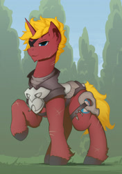 Size: 1544x2191 | Tagged: safe, artist:littlepolly, imported from derpibooru, oc, oc only, oc:steel prism, pony, unicorn, armor, eyepatch, male, scared, solo, stallion