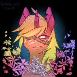 Size: 4000x4000 | Tagged: safe, artist:galchonok, imported from derpibooru, oc, oc:steel prism, unicorn, bust, eyepatch, male, portrait, scared, stallion