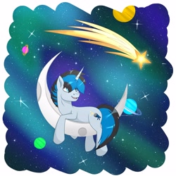 Size: 3000x3000 | Tagged: safe, artist:ashestoashkar, imported from derpibooru, oc, oc only, oc:solar gizmo, pony, unicorn, crescent moon, high res, horn, male, moon, planet, shooting star, solo, space, stallion, tail, two toned mane, two toned tail, unicorn oc