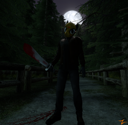 Size: 2206x2160 | Tagged: safe, artist:rainsstudio, imported from derpibooru, anthro, earth pony, plantigrade anthro, 3d, blood, blood stains, boots, clothes, forest, friday the 13th, halloween, high res, hockey mask, holiday, jacket, jason voorhees, machete, mask, moon, nexgen, nightmare night, pants, ponified, shoes, source filmmaker