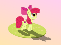 Size: 1124x832 | Tagged: safe, artist:_rynn, imported from derpibooru, apple bloom, earth pony, pony, apple bloom's bow, bow, chest fluff, cutie mark, ear fluff, female, filly, hair bow, open mouth, open smile, orange eyes, red mane, red tail, shadow, smiling, solo, standing, tail