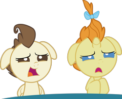 Size: 4484x3654 | Tagged: safe, artist:frownfactory, edit, edited screencap, imported from derpibooru, screencap, pound cake, pumpkin cake, pegasus, pony, unicorn, baby cakes, baby, baby pony, blue eyes, bow, brown eyes, brown mane, cake twins, colt, do not want, duo, female, filly, floppy ears, foal, hair bow, high res, horn, male, open mouth, orange mane, siblings, simple background, transparent background, twins, vector