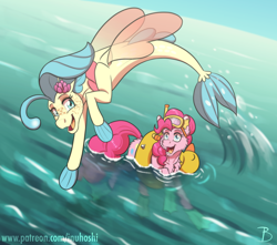 Size: 1600x1412 | Tagged: safe, artist:inuhoshi-to-darkpen, imported from derpibooru, pinkie pie, princess skystar, earth pony, pony, sea pony, seapony (g4), my little pony: the movie, blue mane, chest fluff, dive mask, ear fluff, female, fins, fish tail, flippers, flippers (gear), floaty, flower, flower in hair, flowing tail, freckles, goggles, happy, jewelry, looking at each other, looking at someone, necklace, ocean, open mouth, open smile, pearl necklace, pink mane, smiling, snorkel, sunlight, surprised, swimming, tail, teeth, water, water wings