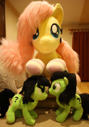 Size: 1024x1465 | Tagged: safe, artist:onlyfactory, artist:ponimalion, imported from derpibooru, fluttershy, oc, oc:filly anon, earth pony, pegasus, pony, bed, bootleg, clothes, female, filly, irl, life size, mare, photo, plushie, size difference, socks, striped socks