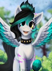 Size: 1596x2167 | Tagged: safe, artist:syncbanned, imported from derpibooru, oc, oc only, anthro, pegasus, collar, commission, ear piercing, piercing, solo, spiked collar, tree, ych result