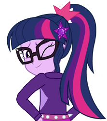 Size: 940x1060 | Tagged: safe, artist:bigpurplemuppet99, edit, editor:lonely fanboy48, imported from derpibooru, sci-twi, twilight sparkle, equestria girls, looking at you, looking back, looking back at you, one eye closed, simple background, solo, transparent background, wink