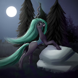 Size: 2000x2000 | Tagged: safe, alternate version, artist:twobestfriendsstudio, imported from derpibooru, queen chrysalis, changeling, changeling queen, pony, female, forest, high res, moon, night, rock, solo, tree