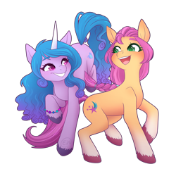 Size: 6000x6000 | Tagged: safe, artist:erkythehero23, imported from derpibooru, izzy moonbow, sunny starscout, earth pony, pony, unicorn, spoiler:g5, spoiler:my little pony: a new generation, backwards cutie mark, colored hooves, colored pupils, cute, duo, female, g5, happy, heart eyes, looking at each other, mare, my little pony: a new generation, open mouth, raised hoof, simple background, smiling, starry eyes, transparent background, unshorn fetlocks, wingding eyes