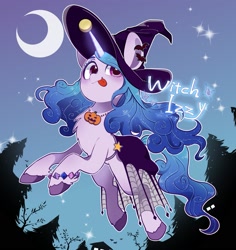 Size: 1835x1945 | Tagged: safe, artist:potetecyu_to, imported from derpibooru, izzy moonbow, pony, unicorn, spoiler:my little pony: a new generation, crescent moon, digital art, female, g5, halloween, hat, holiday, mare, moon, my little pony: a new generation, nightmare night, tongue out, witch, witch hat