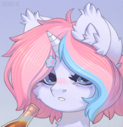 Size: 888x916 | Tagged: safe, artist:kasreit-ne, imported from derpibooru, oc, oc only, oc:letine, pony, unicorn, artfight, artfight 2021, barrette, blue eyes, blushing, bottle, coca-cola, drink, ear fluff, female, mare, open mouth, solo, white fur