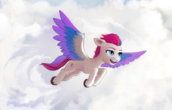 Size: 2000x1280 | Tagged: safe, artist:vyazinrei, imported from derpibooru, zipp storm, pegasus, pony, cloud, flying, g5, my little pony: a new generation, sky, smiling, solo