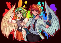 Size: 1597x1140 | Tagged: safe, artist:notlagooni, imported from derpibooru, rainbow dash, oc, oc:wooden toaster, human, fanfic:rainbow factory, clothes, duo, fanfic art, female, humanized, rainbow factory dash, syringe, winged humanization, wings