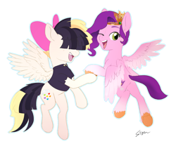 Size: 1200x1000 | Tagged: safe, artist:sion, imported from derpibooru, pipp petals, songbird serenade, pegasus, pony, my little pony: the movie, adorapipp, bow, clothes, crossover, cute, duo, duo female, female, g5, hair bow, looking at you, mare, my little pony: a new generation, one eye closed, open mouth, open smile, shirt, simple background, smiling, spread wings, underhoof, unshorn fetlocks, white background, wings, wink