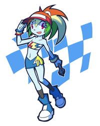 Size: 1120x1400 | Tagged: safe, artist:rvceric, imported from derpibooru, rainbow dash, equestria girls, belly button, cap, female, hat, racing, solo