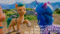 Size: 1280x720 | Tagged: safe, edit, edited screencap, editor:quoterific, imported from derpibooru, screencap, hitch trailblazer, izzy moonbow, sunny starscout, earth pony, pony, unicorn, spoiler:g5, spoiler:my little pony: a new generation, female, g5, male, mare, my little pony: a new generation, smiling, stallion