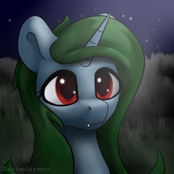 Size: 2048x2048 | Tagged: safe, artist:darbedarmoc, imported from derpibooru, oc, oc only, oc:minerva, pony, unicorn, fangs, grass, green mane, high res, night, red eyes, solo, stars