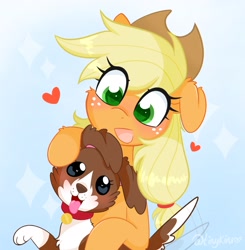 Size: 2005x2048 | Tagged: safe, artist:tinykiru, imported from derpibooru, applejack, winona, dog, earth pony, pony, applejack's hat, blushing, cheek fluff, colored pupils, cowboy hat, cute, duo, ear fluff, eye clipping through hair, female, floppy ears, freckles, green eyes, hat, heart, high res, jackabetes, mare, motion lines, open mouth, open smile, ponytober, smiling, tail, tail wag, winonabetes