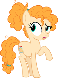 Size: 3000x4059 | Tagged: safe, artist:cloudy glow, imported from derpibooru, pear butter, earth pony, pony, the perfect pear, .ai available, confused, female, freckles, high res, open mouth, raised hoof, simple background, solo, standing, tail, teal eyes, teenager, transparent background, vector