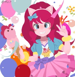 Size: 1221x1251 | Tagged: safe, artist:efuji_d, imported from derpibooru, pinkie pie, equestria girls, balloon, bracelet, clothes, confetti, emanata, fake ears, food, ice cream, ice cream cone, jacket, jewelry, looking at you, peace sign, pony ears, skirt, smiling, smiling at you, solo