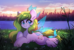 Size: 3813x2586 | Tagged: safe, artist:sugarstar, imported from derpibooru, oc, oc only, oc:tea fairy, pegasus, pony, artificial wings, augmented, female, flower, high res, lying down, mare, scenery, smiling, solo, wings