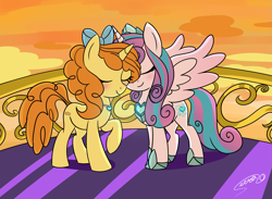 Size: 2739x2000 | Tagged: safe, artist:serra20, imported from derpibooru, princess flurry heart, pumpkin cake, alicorn, pony, unicorn, adult flurry heart, adult pumpkin cake, blushing, couple, eyes closed, female, high res, lesbian, mare, nuzzling, older, older flurry heart, older pumpkin cake, pumpkin heart, shipping, smiling, sunset