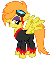 Size: 1690x1956 | Tagged: safe, artist:telasra, imported from derpibooru, oc, oc only, oc:sunburst, pegasus, pony, bedroom eyes, clothes, eyeshadow, female, goggles, makeup, mare, open mouth, open smile, orange eyes, orange mane, orange tail, pegasus oc, simple background, smiling, solo, spread wings, standing, tail, transparent background, wings