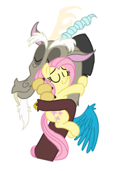 Size: 824x1200 | Tagged: safe, artist:mickeymonster, artist:taylorrose16, imported from derpibooru, discord, fluttershy, draconequus, pegasus, pony, 2013, duo, eyes closed, female, hug, male, old art, simple background, white background