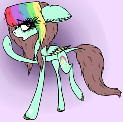 Size: 2044x2025 | Tagged: safe, artist:beamybutt, imported from derpibooru, oc, oc only, pegasus, pony, abstract background, eyelashes, female, high res, mare, multicolored hair, rainbow hair, raised hoof, solo, wings