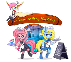 Size: 2200x1907 | Tagged: safe, artist:canister, imported from derpibooru, oc, oc only, oc:cloud cuddler, oc:sweet haze, oc:topaz, earth pony, pegasus, pony, bipedal, board, cafe, clothes, coffee mug, earth pony oc, female, food, ice cream, maid, male, mug, open mouth, open smile, pegasus oc, simple background, smiling, tray, white background