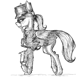 Size: 1069x1082 | Tagged: safe, artist:madhotaru, imported from derpibooru, oc, oc only, pegasus, pony, clothes, crosshatch, ergonomics, glasses, holster, long sleeved shirt, long sleeves, looking at you, monochrome, no pants, notepad, pencil, ponytail, prench officer hat, shirt, solo, walking